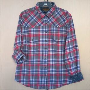 JACHS Girlfriend BEA Flannel Shirt Womens Long Sleeve Roll Tab Plaid Pink/Blue L